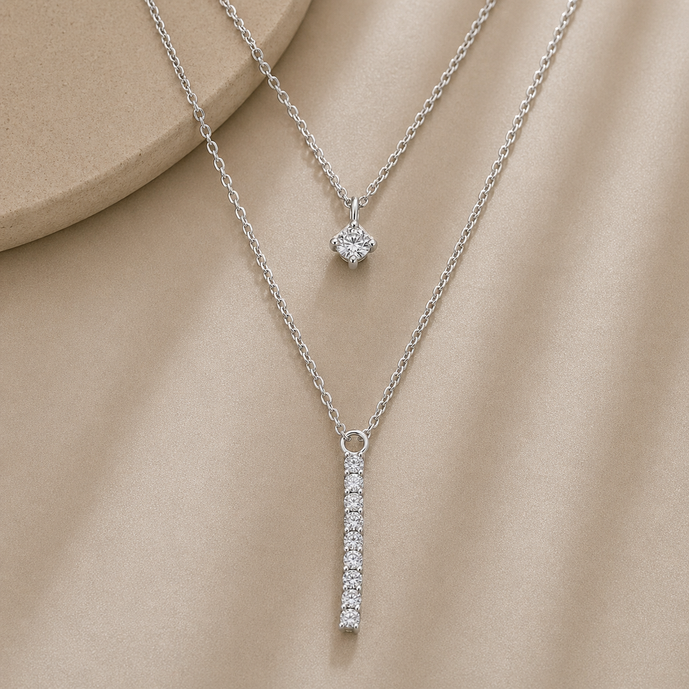925 sterling silver Bar Drop Layered Necklace in silver finish, product detail