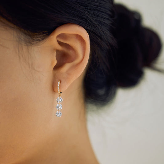 Triple Drop Pavé Huggie Hoops, styled on model