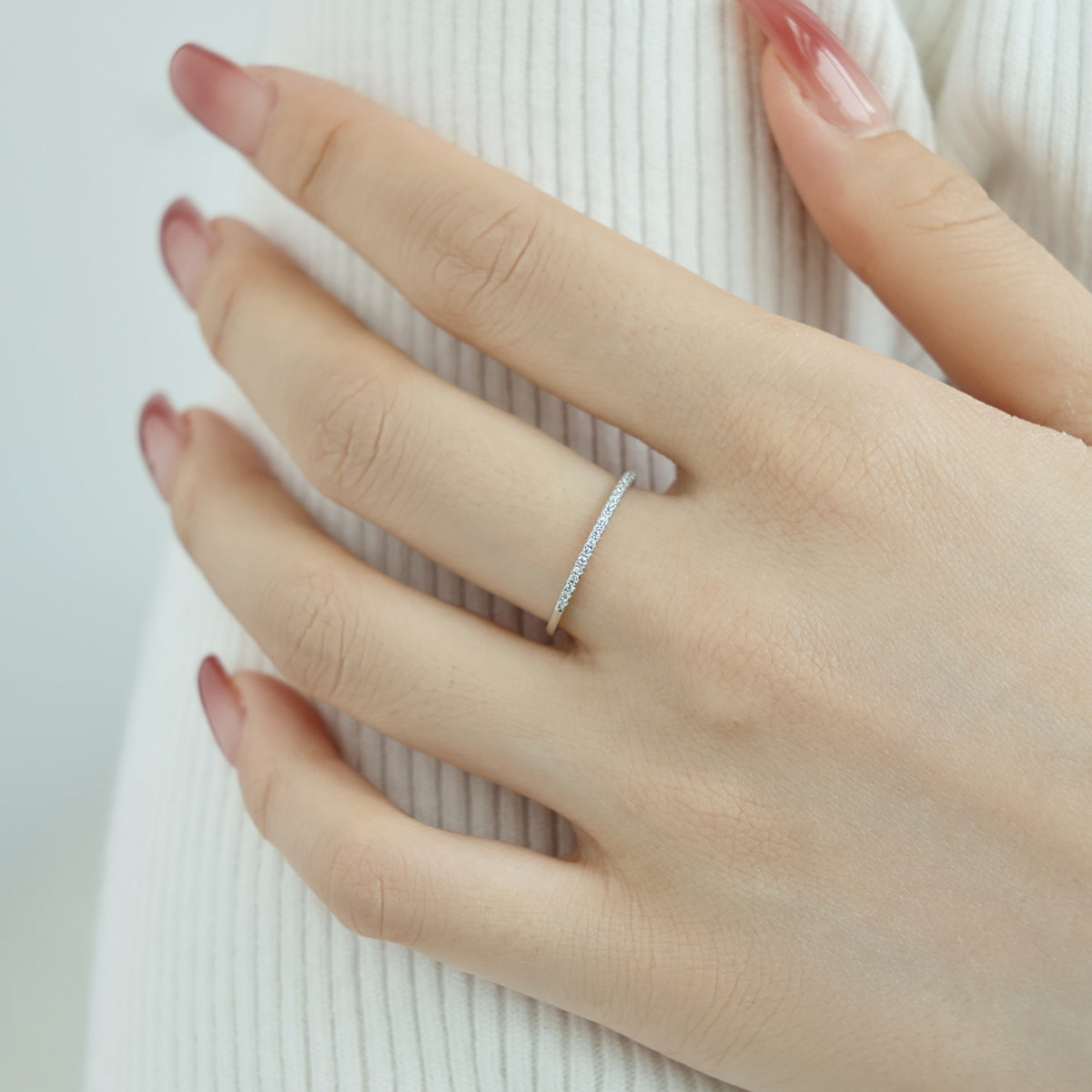 Micro Pavé Stacking Ring in silver finish, styled on model