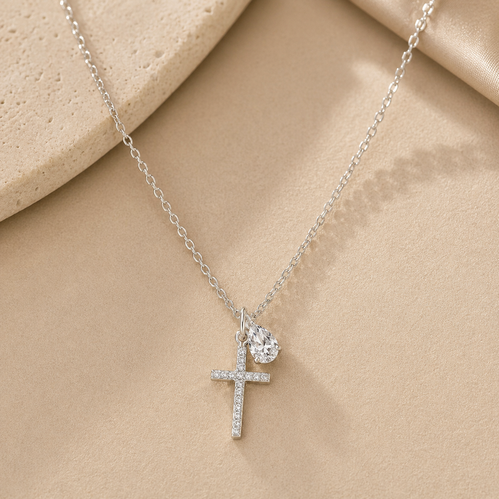 925 sterling silver Cross Pendant Necklace with cubic zirconia detail in silver finish, product detail