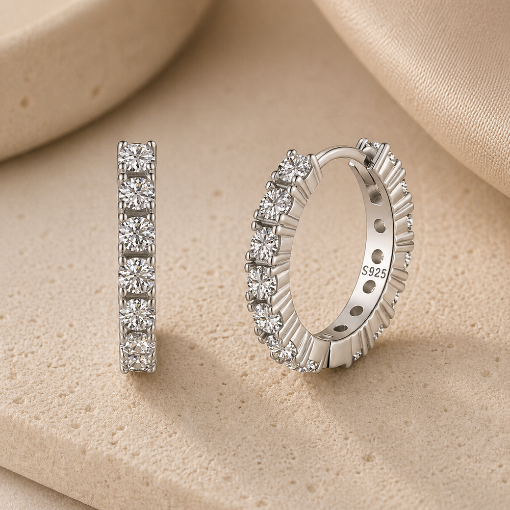 Rhodium-plated 925 sterling silver Pavé Huggie Earrings with cubic zirconia, product detail