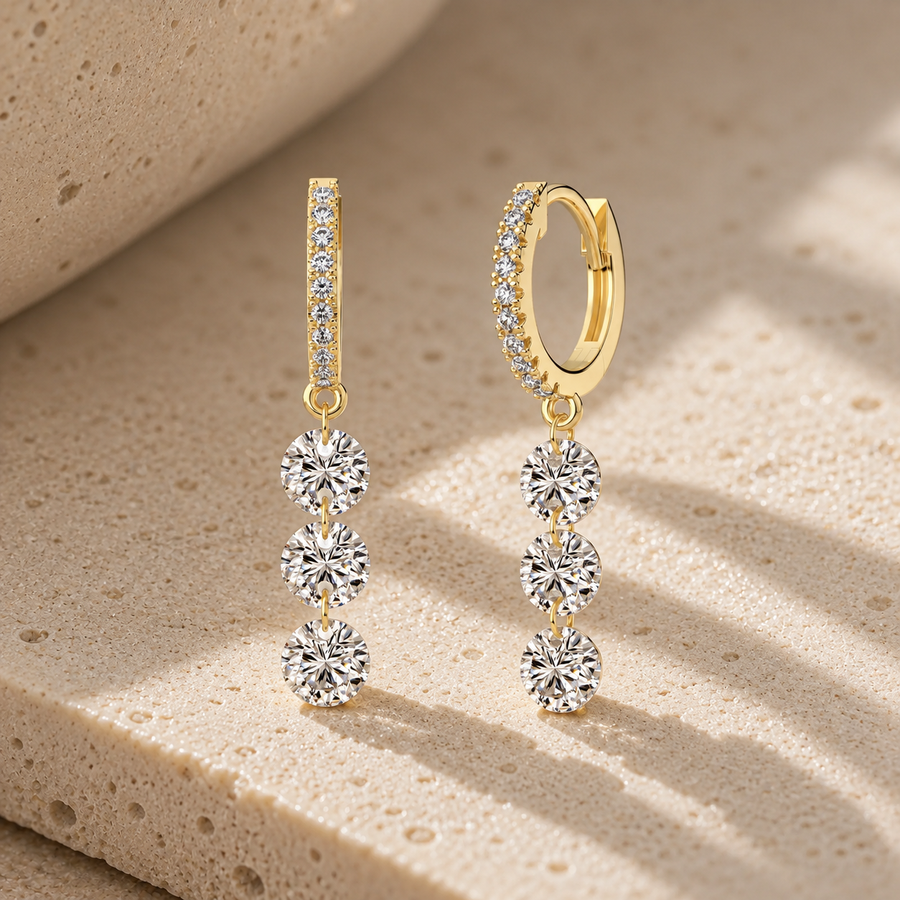 14K gold-plated 925 sterling silver Triple Drop Pavé Huggie Hoops with three cubic zirconia stones, product detail