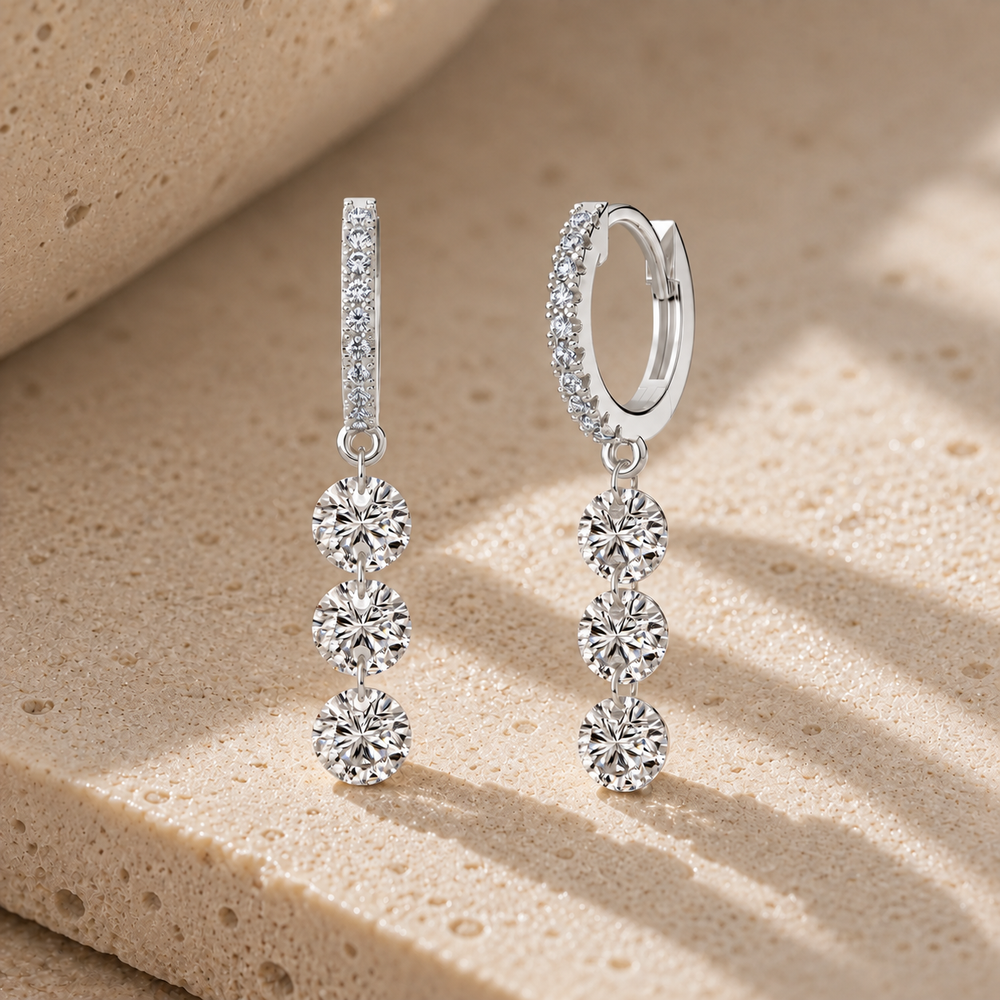 Rhodium-plated 925 sterling silver Triple Drop Pavé Huggie Hoops with three cubic zirconia stones, product detail