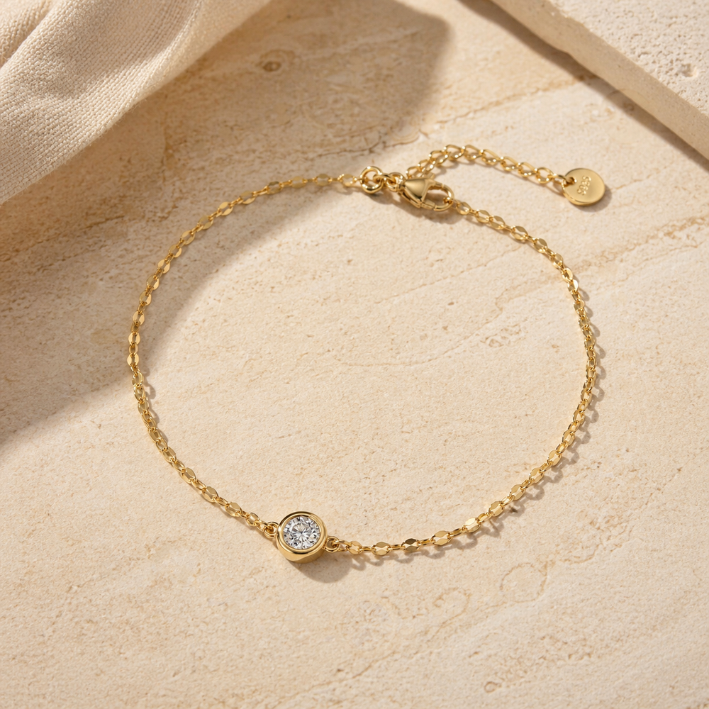 18K gold-plated 925 sterling silver Mini Solitaire Bracelet with bezel-set cubic zirconia, product detail