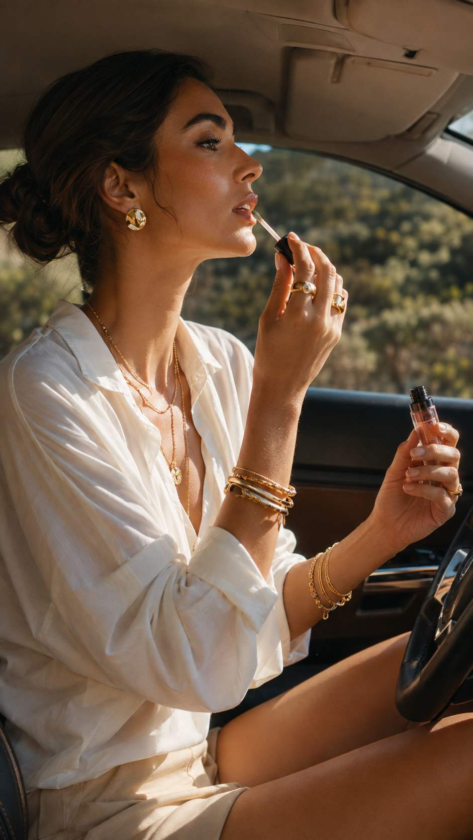Woman applying lip gloss in a car while wearing gold jewelry