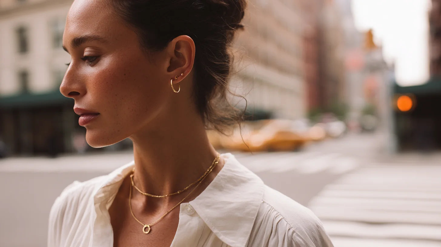 Woman wearing layered gold necklaces and hoop earrings with a white blouse in the city.
